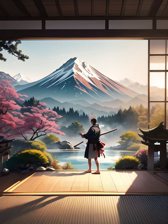  master piece, best quality, ultra detailed, highres, 4k.8k, samurai, performing iaido, focused, break samurai in edo period., dojo, katana, tatami, shoji, incense burner, break serene, sunlight streaming through the shoji panels, incense smoke in the air, white background, scenery, ink, mountains, water, trees