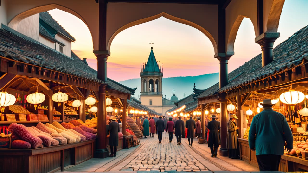  a vibrant marketplace showcasing traditional crafts, surrounded by historic architecture, with local artisans demonstrating their skills, diverse tourists exploring, and cultural performances in the background, all set against a picturesque sunset. hyperrealistic, full body, detailed clothing, highly detailed, cinematic lighting, stunningly beautiful, intricate, sharp focus, f/1. 8, 85mm, (centered image composition), (professionally color graded), ((bright soft diffused light)), volumetric fog, trending on instagram, trending on tumblr, HDR 4K, 8K