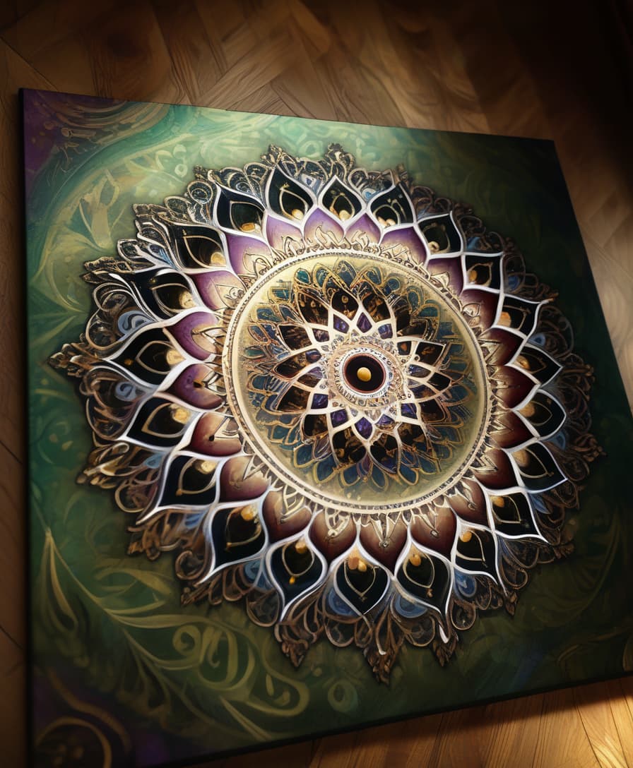  (masterpiece, 8k, uhd, photo realistic:1.4), intricately detailed mandala ornament, golden aura, golden lines, mandala elements, psytrance inspired artwork, psychedelic patterns, intricate details, amanda sage inspired style, ivan plusch inspired style, gold, yellow, orange, red, and purple hues, warm and vibrant colors, golden glaze, subtle gradient, soft light, inviting, mystical and enchanting atmosphere, center of the painting, psychedelic patterns, ornate border, wooden floor, ornate wooden table, side view, close up