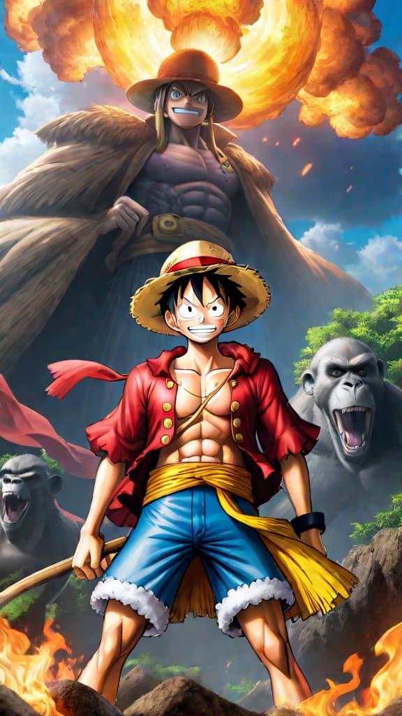  anime art of monkey d. luffy's legacy changing the world after finding one piece in one piece. hyperrealistic, full body, detailed clothing, highly detailed, cinematic lighting, stunningly beautiful, intricate, sharp focus, f/1. 8, 85mm, (centered image composition), (professionally color graded), ((bright soft diffused light)), volumetric fog, trending on instagram, trending on tumblr, HDR 4K, 8K