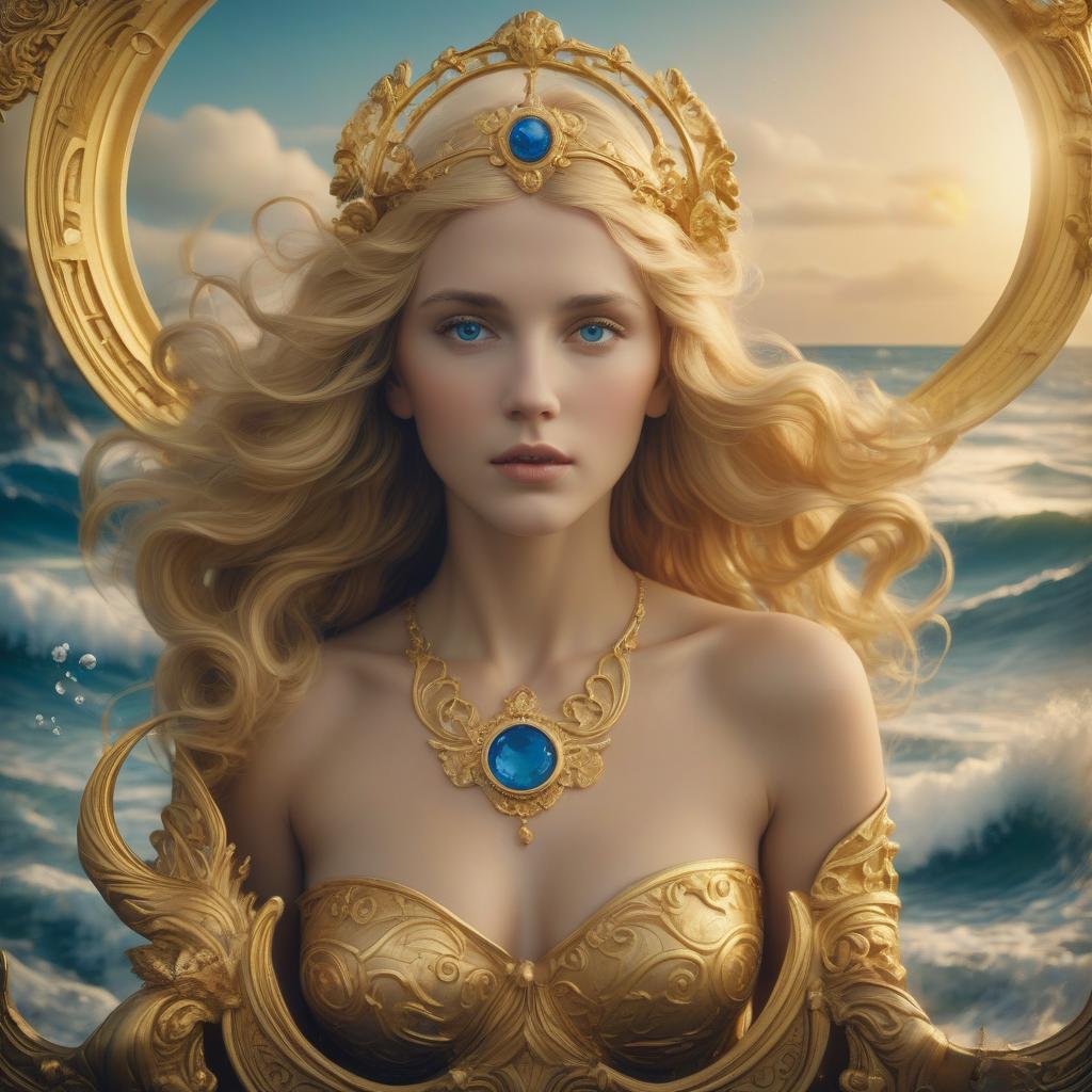  cinematic film still 1️ a golden border with blue gems and an illustration of the goddess venus surrounded by sea waves, with golden ornaments around her in art nouveau style. in the background there is a beautiful ocean landscape. high resolution, 30kb. . shallow depth of field, vignette, highly detailed, high budget, bokeh, cinemascope, moody, epic, gorgeous, film grain, grainy