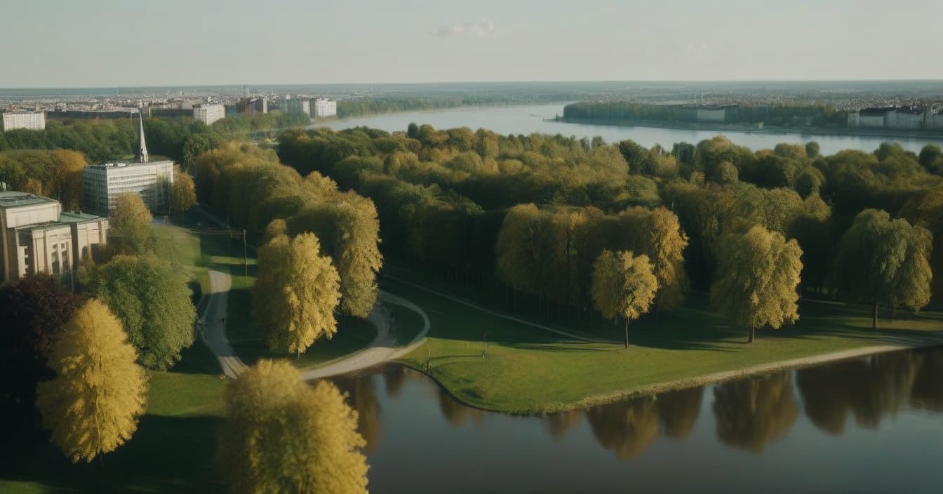  cinematic photo realistic landscape, metropolis in the distance, left and right linden trees, sunny day, view from above, park, lake reflects trees, cinematic . 35mm photograph, film, bokeh, professional, 4k, highly detailed