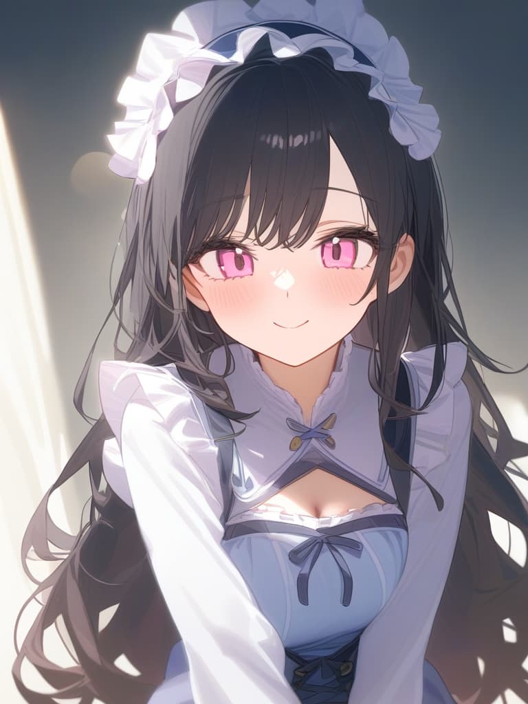  cute face focus,cute,black hair,light pink eyes,cute posing,frill onepiece,long hair,adult,shy,smile,head dress