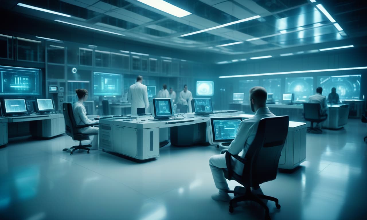  cinematic film still computer white laboratory of the future with employees, a picture in the style of cyberpunk, futurism, holographic monitors without screens, . shallow depth of field, vignette, highly detailed, high budget, bokeh, cinemascope, moody, epic, gorgeous, film grain, grainy