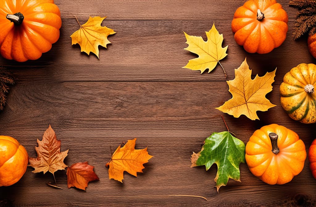  professional detailed photography, autumn themed arrangement of pumpkins and leaves on a wooden surface ar 3:2, (muted colors, dim colors, soothing tones), (vsco:0.3)