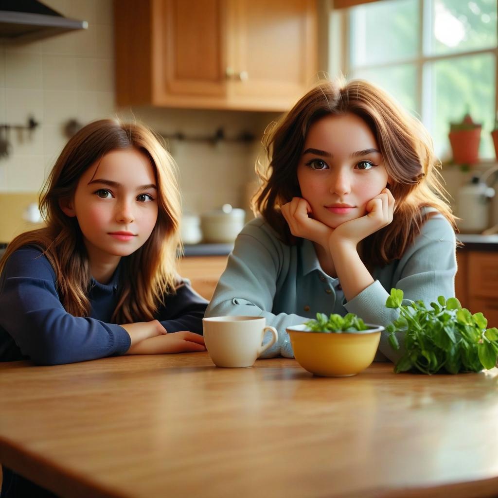  cinematic photo realistic photo. two girls. one guy. kitchen table. rite. pot. . 35mm photograph, film, bokeh, professional, 4k, highly detailed, perfecteyes, film photography style