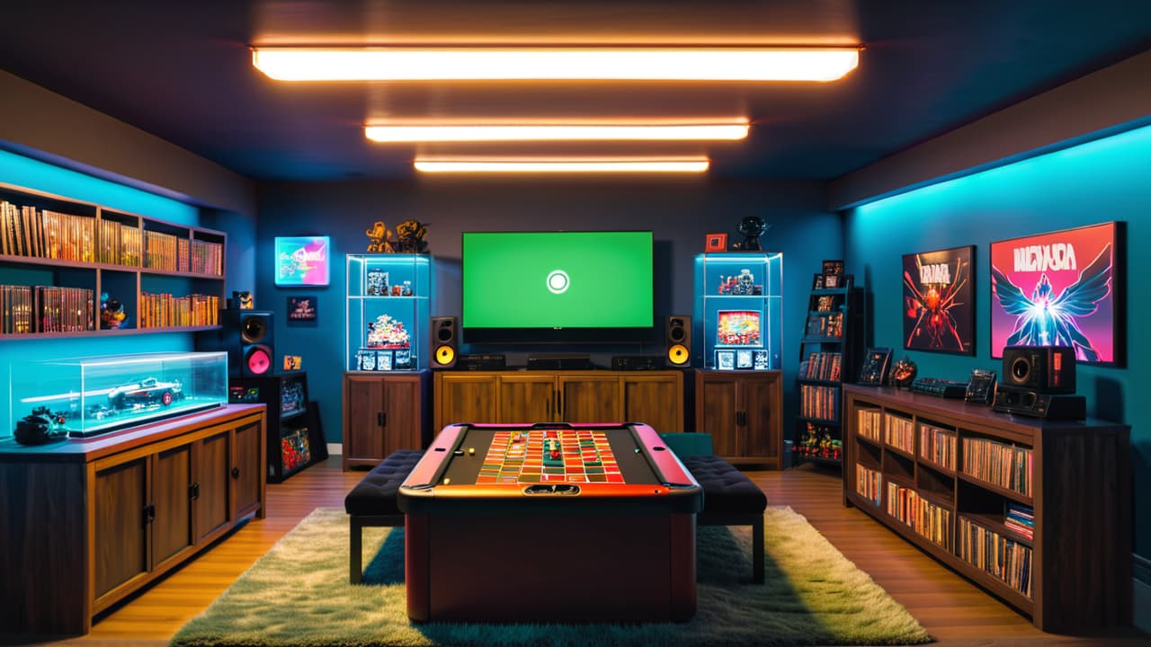  a vibrant gaming room filled with colorful anime collectibles and action figures, showcasing rare items on shelves, a glowing gaming console, and posters of popular anime characters on the walls, creating an immersive atmosphere. hyperrealistic, full body, detailed clothing, highly detailed, cinematic lighting, stunningly beautiful, intricate, sharp focus, f/1. 8, 85mm, (centered image composition), (professionally color graded), ((bright soft diffused light)), volumetric fog, trending on instagram, trending on tumblr, HDR 4K, 8K