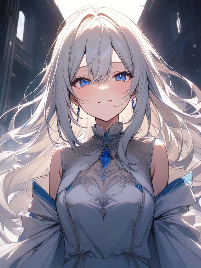  silver hair, , cute, blue eyes, smiles, ,, masterpiece, best quality,8k,ultra detailed,high resolution,an extremely delicate and beautiful,hyper detail