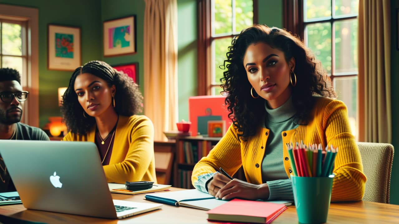  a cozy home office scene with a laptop open, displaying a tutoring session. a diverse group of engaged students on the screen, colorful notebooks and pens scattered around, and warm sunlight streaming through a nearby window. hyperrealistic, full body, detailed clothing, highly detailed, cinematic lighting, stunningly beautiful, intricate, sharp focus, f/1. 8, 85mm, (centered image composition), (professionally color graded), ((bright soft diffused light)), volumetric fog, trending on instagram, trending on tumblr, HDR 4K, 8K