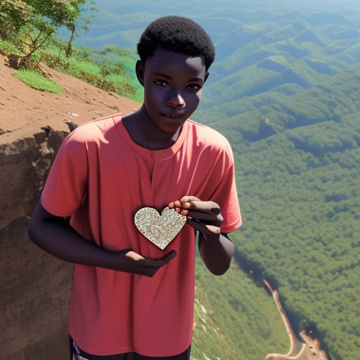  Ghanaian boy holding a heart in his hands on a mountain