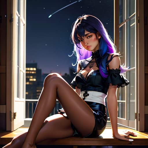  a beautiful black girl sitting by her window where the moon light shines. she holds a purple feather that is dripping ink on a blank page hyperrealistic, full body, detailed clothing, highly detailed, cinematic lighting, stunningly beautiful, intricate, sharp focus, f/1. 8, 85mm, (centered image composition), (professionally color graded), ((bright soft diffused light)), volumetric fog, trending on instagram, trending on tumblr, HDR 4K, 8K