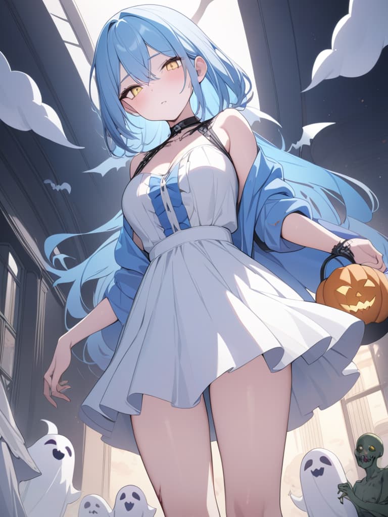  halloween, zombies, light blue, light blue hair, bob hair, ghosts, masterpiece, best quality,8k,ultra detailed,high resolution,an extremely delicate and beautiful,hyper detail