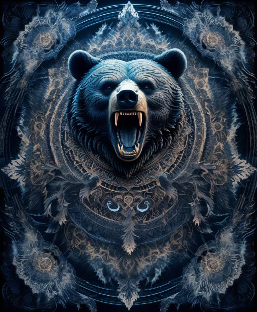  horror themed masterpiece, hdr 8k, digital image. conceptual art. (a bear with a bared mouth full of sharp fangs, appearing in ancient russian ethnic ornaments that make up a symmetrical mandala consisting of an endless forest, a wide flowing river and majestic mountains, the mandala is decorated with a fantastic ice pattern). abstract elements: stones, tree leaves, flowers. the effect of dissolving the natural shades of fur in sky waves. filigree finishes, mysterious neon glowing accents, intricate. stylization. neo rococo style. stylish, dynamic, atmospheric. background dissolving abstract patterns in the space:: vignetting:: complex ethnic ornament. mystery, fantasy surrealism. high detail. high quality. hdr. . eerie, unsettling, dark,