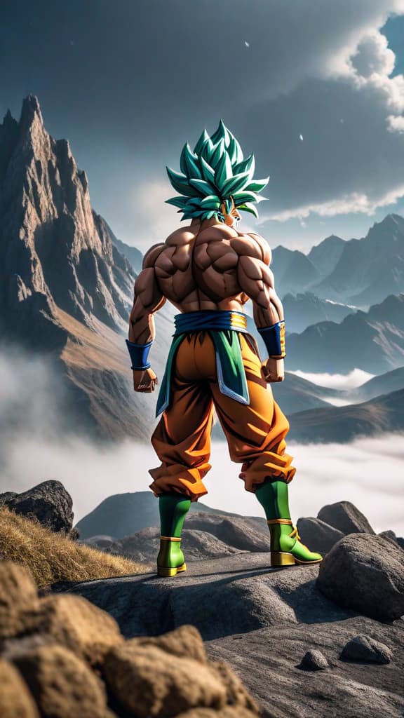  broly from dragon ball, calm exterior in desolate mountains, eyes flickering, muscles expanding, energy crackling, anime art hyperrealistic, full body, detailed clothing, highly detailed, cinematic lighting, stunningly beautiful, intricate, sharp focus, f/1. 8, 85mm, (centered image composition), (professionally color graded), ((bright soft diffused light)), volumetric fog, trending on instagram, trending on tumblr, HDR 4K, 8K