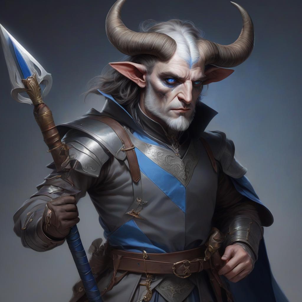  male teafling with gray skin and horns, brown hair, blue eyes, rapier in the hands