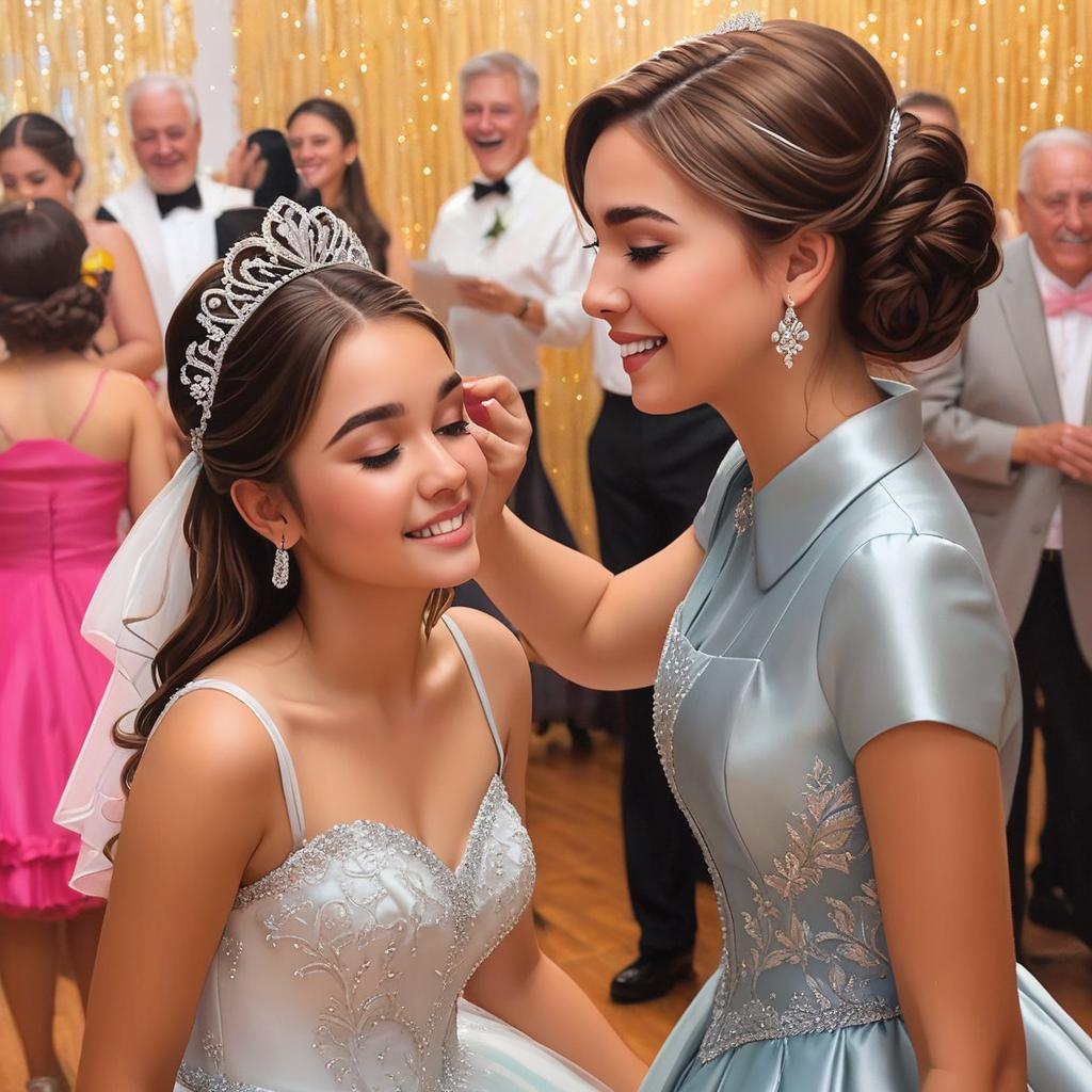  a girl with brown hair and white highlights at her quince dancing with a picture of her grandma while crying, award winning, professional, highly detailed, masterpiece