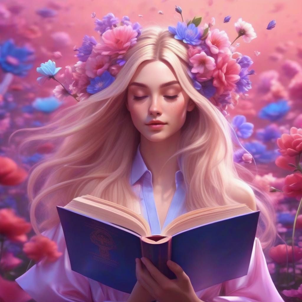  art of fantasy girl in a lotos pose with flowers inside her head like her thoughts and growing from her long very thick blondy hair, hair fluttering in the wind with a book in her hands pink and blue and purple colors on the background cartoon style 3d, hq, 4k for modern mobile app