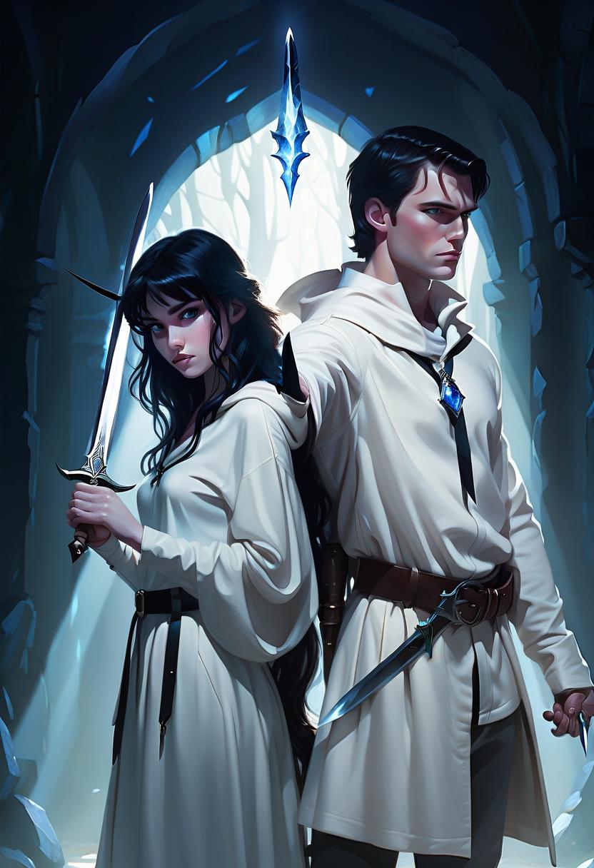  a girl and a man are standing in the center of the composition, back to back. the man is on the right, the girl is on the left. side view. the man is dressed in a white military dress uniform, holding a sword in his hand. the girl is dressed in black pants, a white shirt and a hooded cloak. the man has short black hair, the girl has long, slightly wavy black hair. the girl is holding a dagger in her left hand, her right hand is raised up in a magical gesture. the light falls from the upper right corner, the shadow of the man falls on the girl. the background is dark. a blue crystal glows on the girl's neck. fantasy. middle ages. pale skin, hkmagic