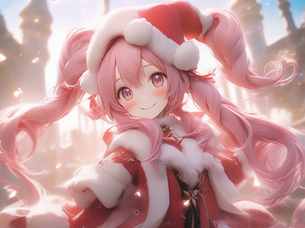  santa cosplay twin tails pink hair color, smile, masterpiece, best quality,8k,ultra detailed,high resolution,an extremely delicate and beautiful,hyper detail