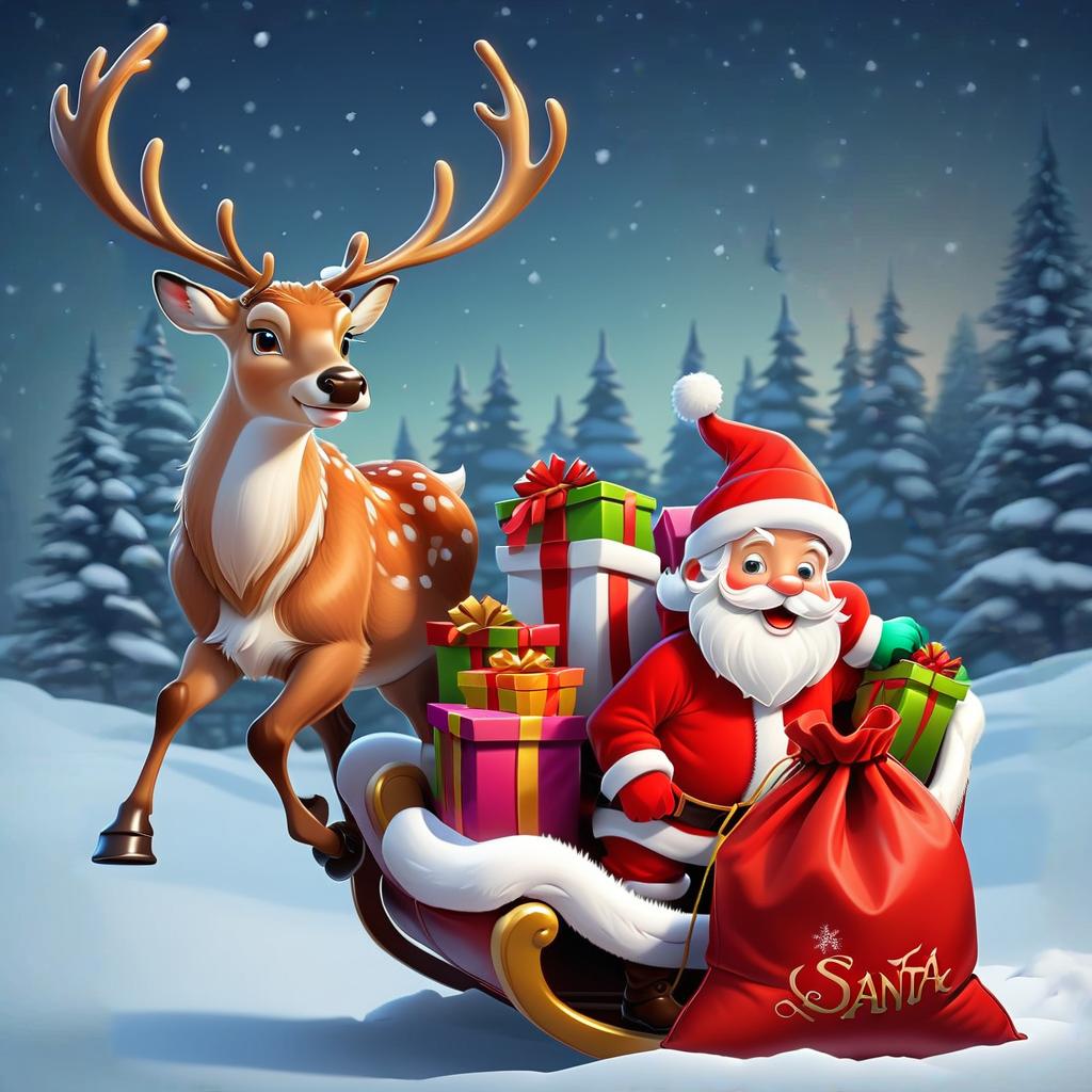  santa claus, sleigh, deer, bag with gifts. cartoon style