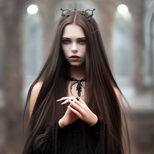  girl, gothic, long brown hair, long black sharp nails