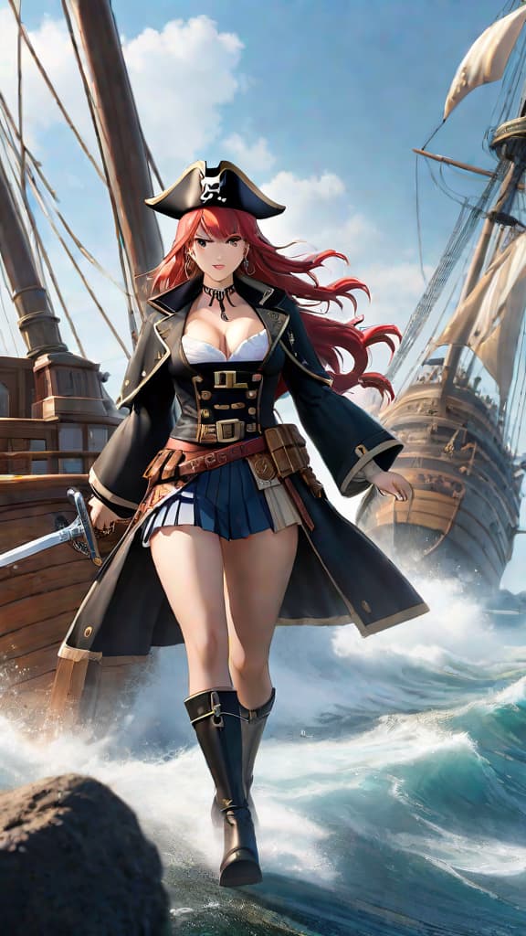  an anime art of the rocks pirates challenging the world government on the seas. hyperrealistic, full body, detailed clothing, highly detailed, cinematic lighting, stunningly beautiful, intricate, sharp focus, f/1. 8, 85mm, (centered image composition), (professionally color graded), ((bright soft diffused light)), volumetric fog, trending on instagram, trending on tumblr, HDR 4K, 8K