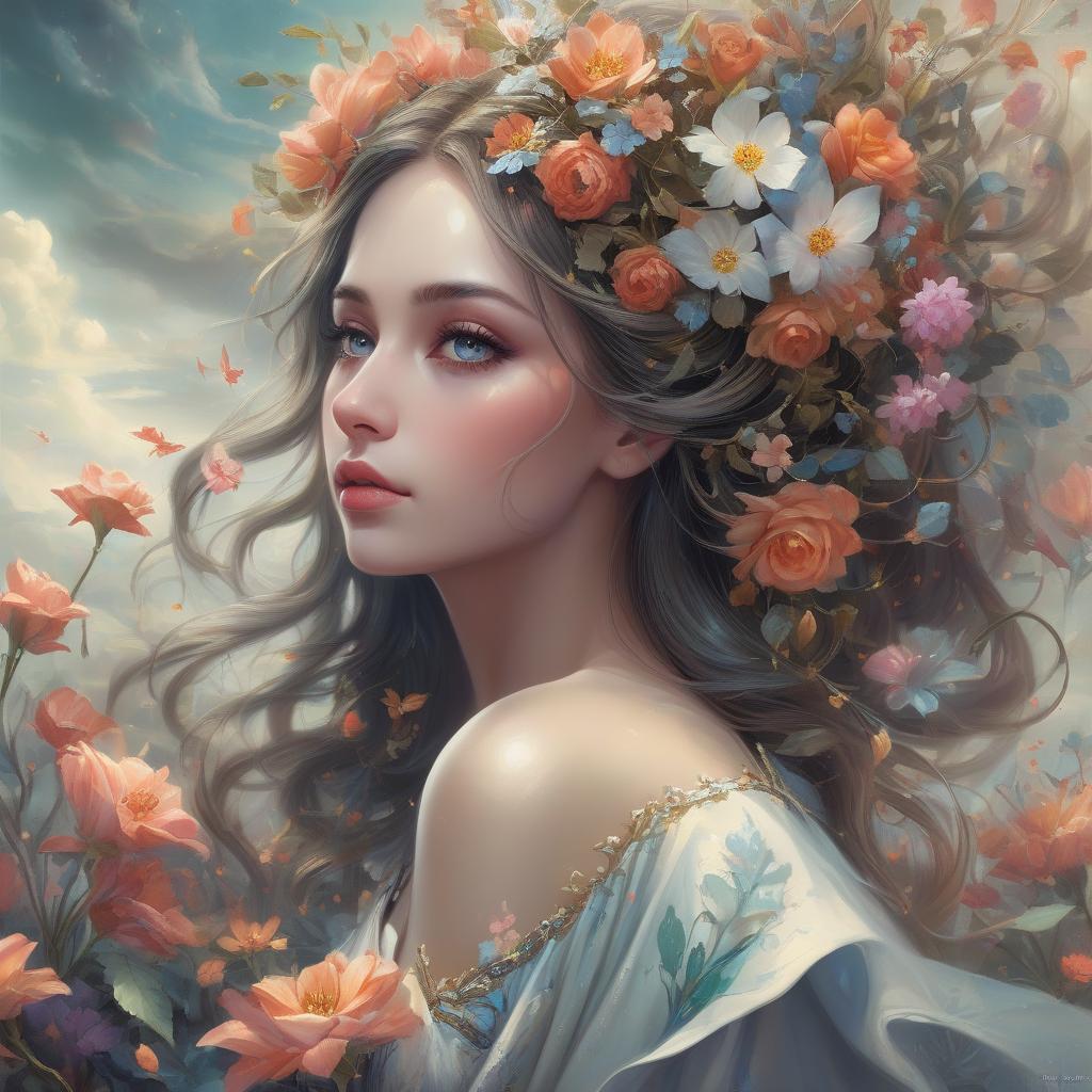  surrealist art q, 7, ♥, e, there is a woman with flowers in her hair and a dress, beautiful gorgeous digital art, beautiful fantasy art portrait, beautiful digital art, beautiful digital artwork, very beautiful digital art, beautiful fantasy portrait, beautiful feminine face, beautiful art uhd 8 k, gorgeous digital art, beautiful digital painting, beautiful fantasy maiden, karol bak uhd, beautiful art, beautiful painting, by ank . dreamlike, mysterious, provocative, symbolic, intricate, detailed