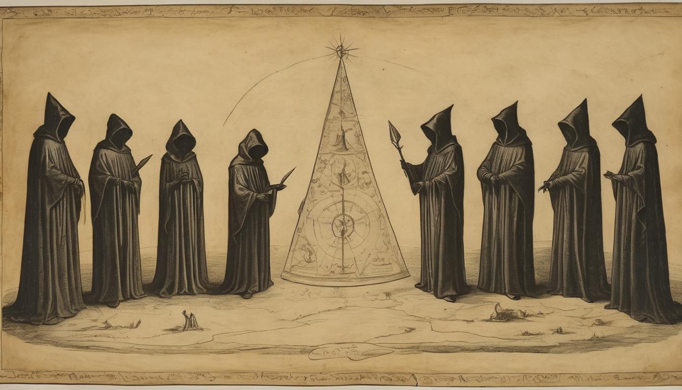  on parchment, surrealism++, a shadowy council of hooded figures, their silhouettes attempting to overshadow a radiant figure in the center, somber, oppressive, resistance(mysterious, provocative, symbolic)++