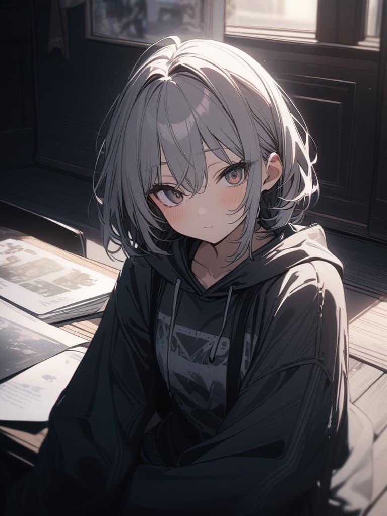  cute, subculture, gray hair, moe sleeve, odd eye, hoodie, masterpiece, best quality,8k,ultra detailed,high resolution,an extremely delicate and beautiful,hyper detail