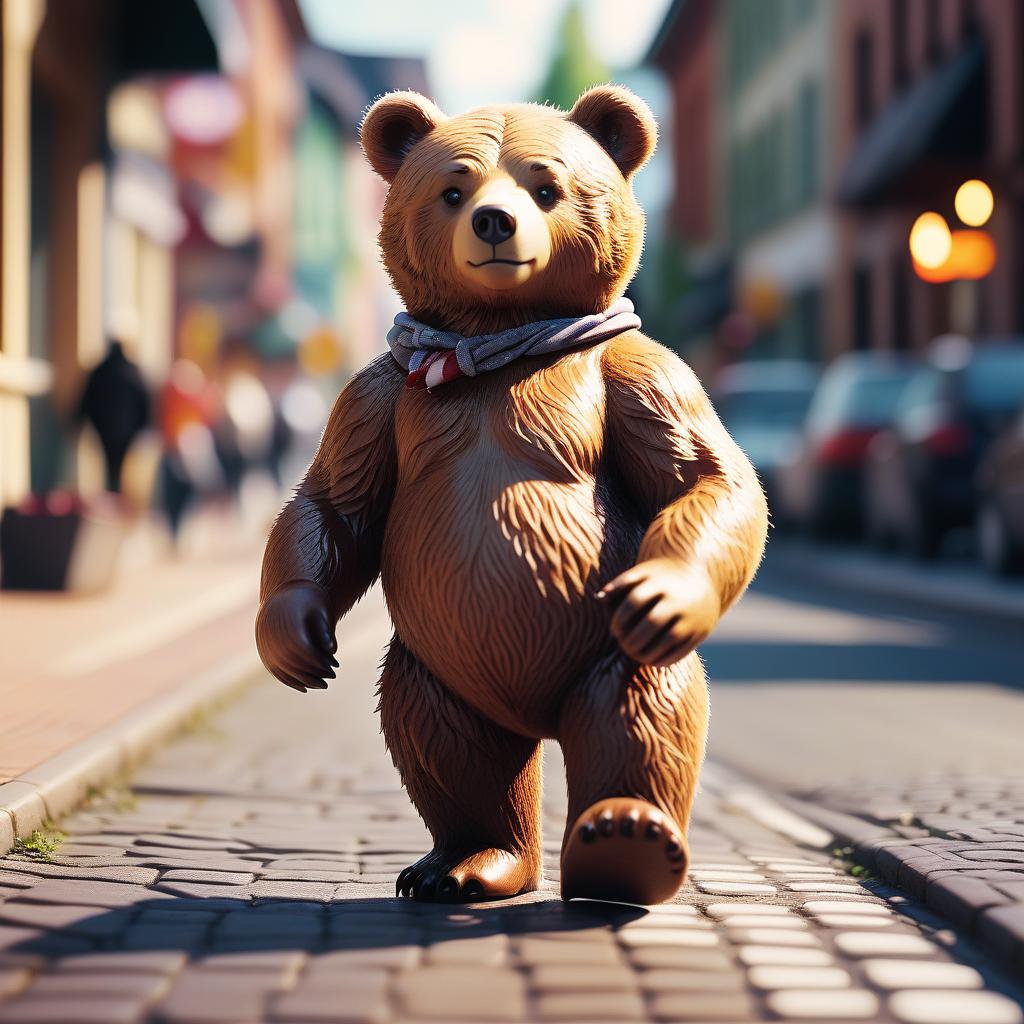  cinematic photo sweet bear walking around town . 35mm photograph, film, bokeh, professional, 4k, highly detailed, perfect hands