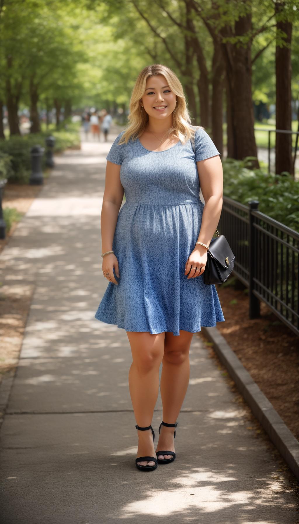   chubby blonde woman, standing legs in summer park