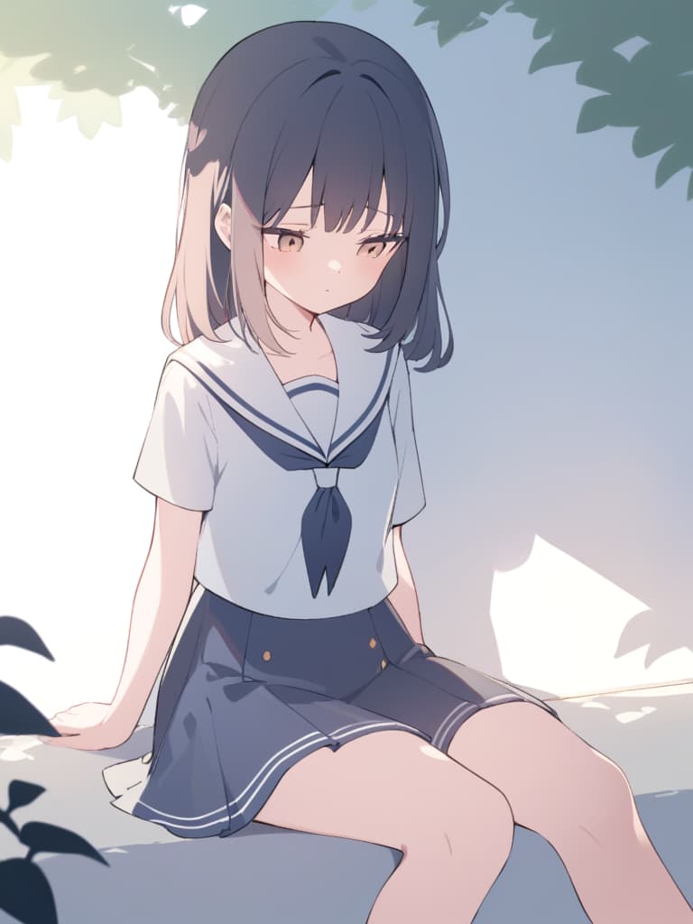  a detailed digital ilration of a shy,gles wearing girl in a high uniform,sitting with her close to her . she has long,dark hair that frames her face,and her expression shows a hint of hesitation or nervousness as she looks away. the girl is wearing a traditional navy blue sailor uniform with a ,and the setting is a peaceful,sunlit area,with soft,dappled sunlight filtering through the trees,casting a calming glow around her. the background is blurry,giving a dreamlike atmosphere that contrasts with her more reserved posture. she should be holding her gles or adjusting them nervously,adding to the timid yet cute appearance. the color palette should emphasize natural lighting,soft shadows,and a calm,introspecti