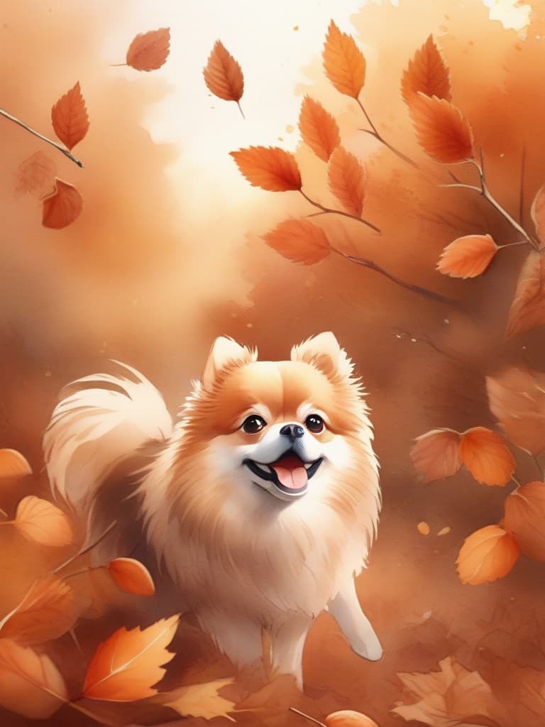  watercolor style,((one)) orange,cute pomeranian,chestnut field,chestnut,chestnut dead leaves falling,masterpiece,high quality,8k