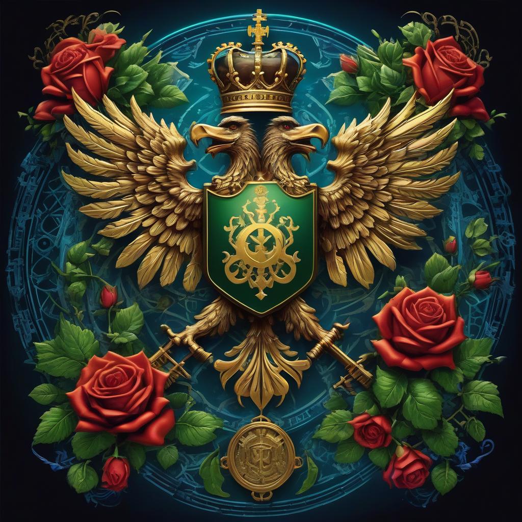  futurism, cyberpunk, steampunk.. coat of arms with a double headed eagle. four colors: gold, green, blue, red. flowers: roses, bells. the coat of arms in the castle. lots of zigzags, laces. neon lights on the back.