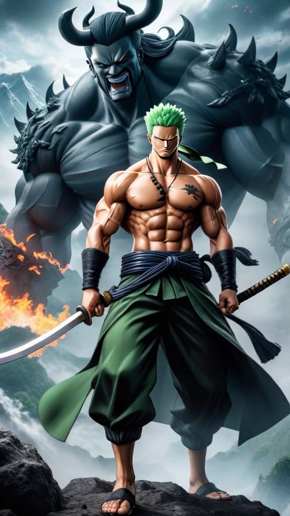  anime art, one piece, roronoa zoro in asura form clashing with kaido, shockwaves and determination hyperrealistic, full body, detailed clothing, highly detailed, cinematic lighting, stunningly beautiful, intricate, sharp focus, f/1. 8, 85mm, (centered image composition), (professionally color graded), ((bright soft diffused light)), volumetric fog, trending on instagram, trending on tumblr, HDR 4K, 8K