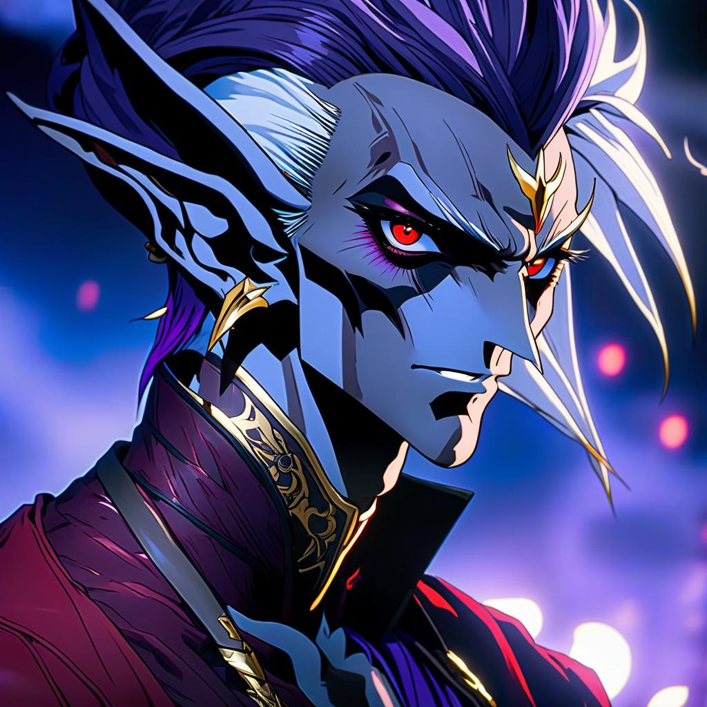  anime artwork dark elf is a male marble white leather, purple hair, with a greasy lavender eye, dressed in a red feolet shirt with red gold above wearing a purple shadow jacket with a leather strip, a hair stylish. a earring in the form of a month. the tattoo near the eye in the form of a dental month whose teeth look towards the eye. . anime style, key visual, vibrant, studio anime, highly detailed hyperrealistic, full body, detailed clothing, highly detailed, cinematic lighting, stunningly beautiful, intricate, sharp focus, f/1. 8, 85mm, (centered image composition), (professionally color graded), ((bright soft diffused light)), volumetric fog, trending on instagram, trending on tumblr, HDR 4K, 8K