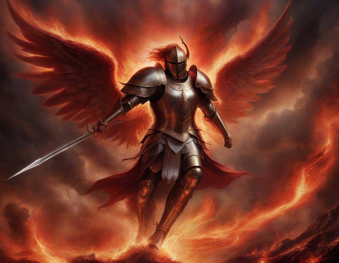  angels are young men in armor, without faces, many, each with a spear in his hand, fighting in the fiery heavens, red lightning.