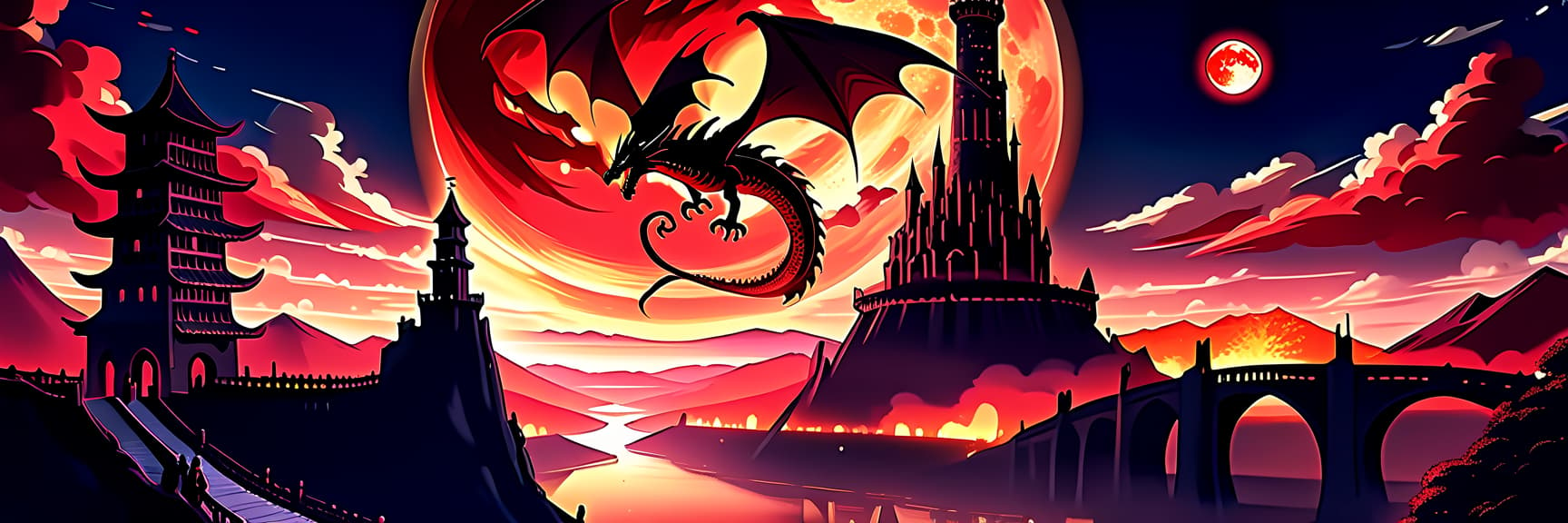  anime artwork view from the side, the tower which envelops the dragon from the side is the bridge portal leading to the interworld in which there is a burning village with a portal in the sky leading to the world with a vampire tower with a red moon, . anime style, key visual, vibrant, studio anime, highly detailed