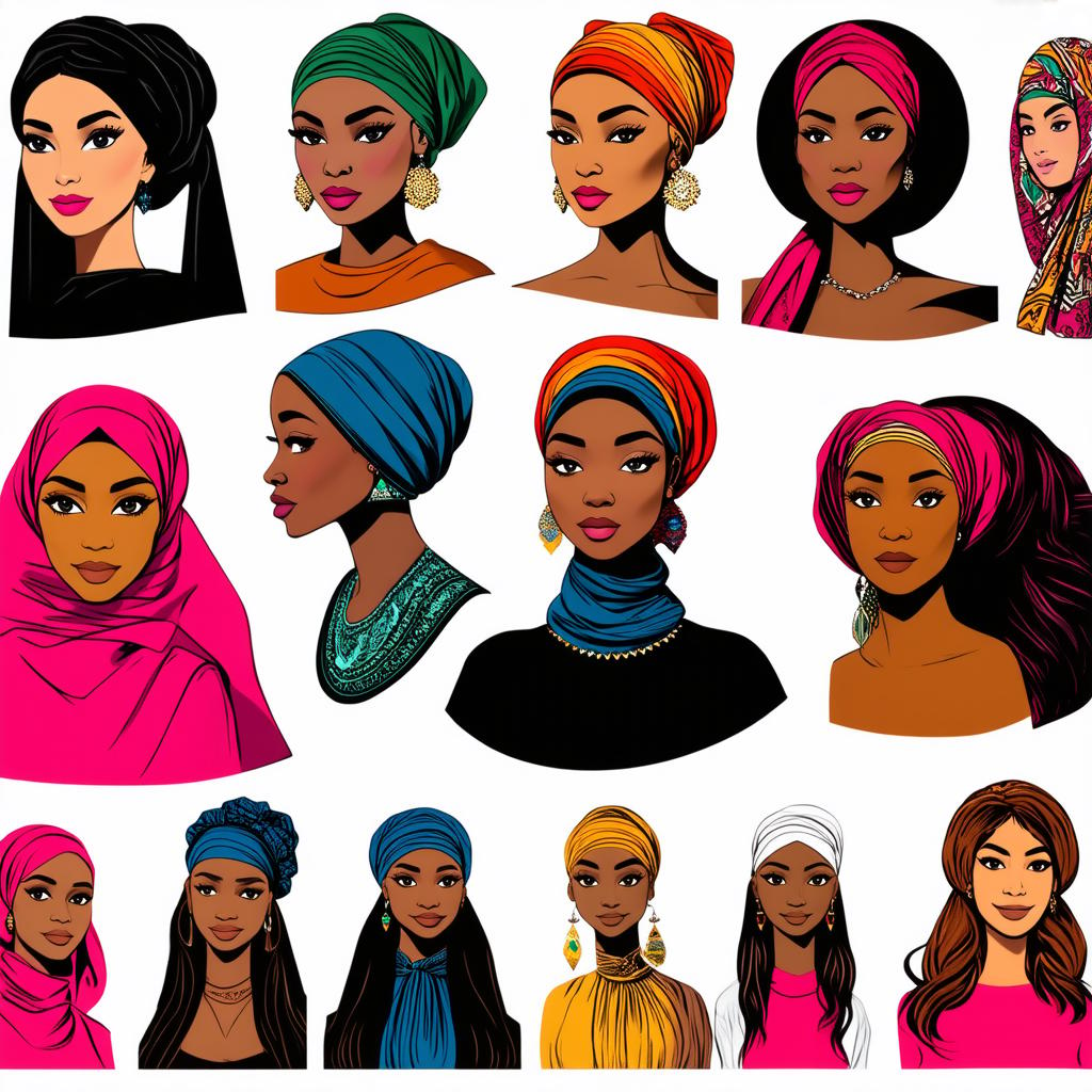  different beauty. set of different female heads in headscarf. different races and nationalities. colored hand drawn illustration {prompt}, maximum details