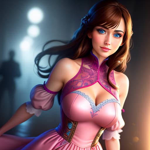  One girl with blue eyes, brown hair in a tightly closed bright pink dress with a closed smile. hyperrealistic, full body, detailed clothing, highly detailed, cinematic lighting, stunningly beautiful, intricate, sharp focus, f/1. 8, 85mm, (centered image composition), (professionally color graded), ((bright soft diffused light)), volumetric fog, trending on instagram, trending on tumblr, HDR 4K, 8K