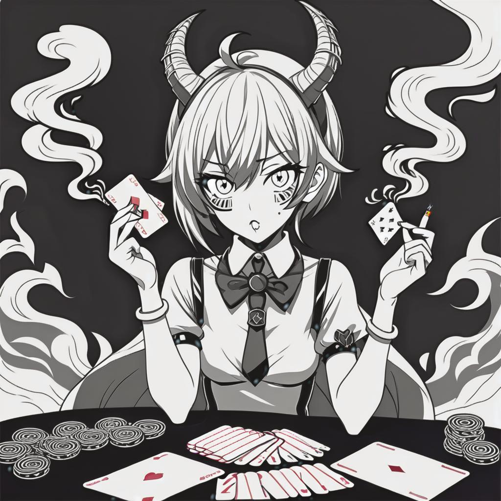  line art drawing trickster girl, cigarettes and playing cards, same nightmare. anime style . professional, sleek, modern, minimalist, graphic, line art, vector graphics