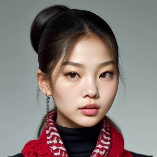  (--Style Photoralism, Jennie Kim) (full body) a close up of a woman with a red scarf on, blackpink jennie, popular south korean makeup, portrait of female korean idol, popular korean makeup, beautiful south korean woman, harpers bazaar, harper's bazaar, beautiful oriental woman, korean face features, dior campaign, korean audrey hepburn, vogue journal cover, inspired by Zhang Shuqi, detailed face of a asian girl