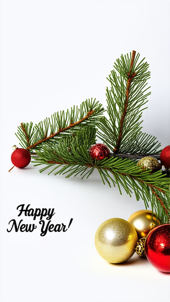  professional detailed photography, new year's card with a spruce branch, gold and red balls and the inscription happy new year ar 9:16, (muted colors, dim colors, soothing tones), (vsco:0.3)