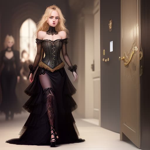  a girl, blonde, slim, with sensual lips, with black mascara around her eyes, a long black dress, in a lace corset with golden threads, the gothic princess slowly walks towards her., cute , furry , expressive , by seth casteel , carli davidson , rachael hale mckenna, kaylee greer, sophie gamand