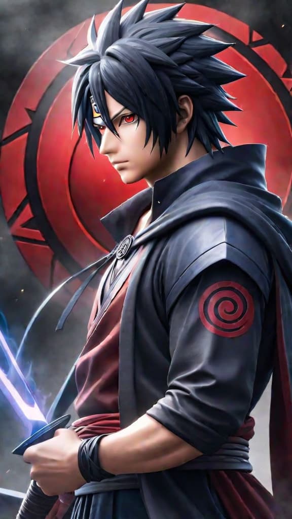  create an anime art of sasuke uchiha with his eternal mangekyō sharingan, showcasing his evolving power. hyperrealistic, full body, detailed clothing, highly detailed, cinematic lighting, stunningly beautiful, intricate, sharp focus, f/1. 8, 85mm, (centered image composition), (professionally color graded), ((bright soft diffused light)), volumetric fog, trending on instagram, trending on tumblr, HDR 4K, 8K