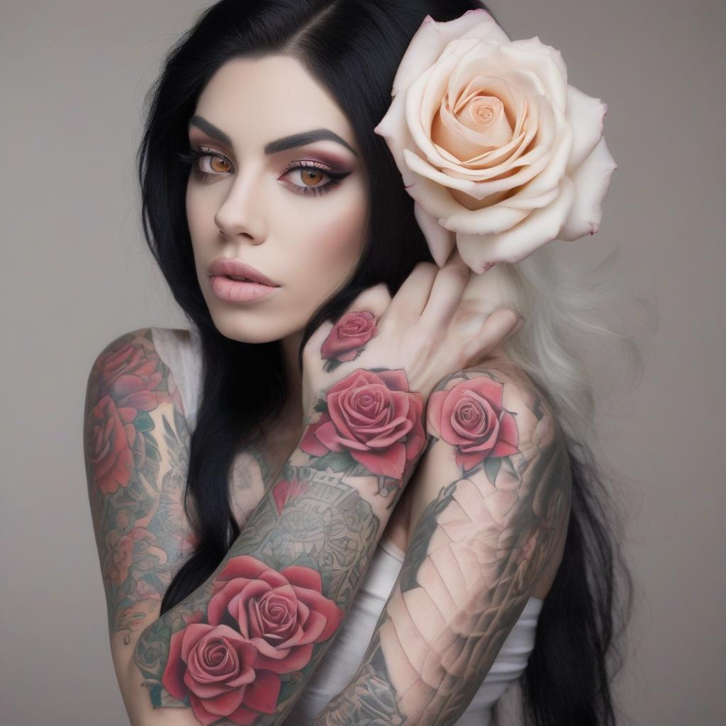  beautiful latina woman with black hair and a white lock ,albino eyes and rose tattoos on a full arm