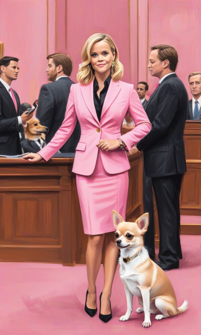  concept art color pink, white, black, gold courtroom reese witherspoon to the waist in a pink suit speaks to the judge in her arms is a chihuahua hua dog . digital artwork, illustrative, painterly, matte painting, highly detailed, perfect hands