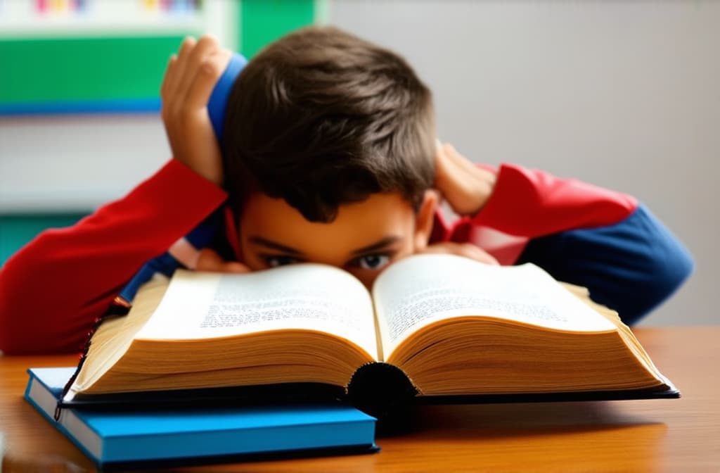  a primary school child pressed an open book cover up to his head with his hands, covered himself with the book, tired of studying ar 3:2 {prompt}, maximum details