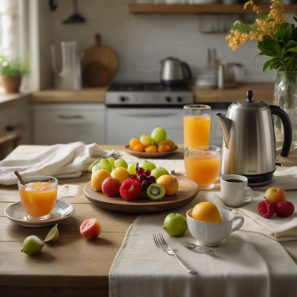  rustic kitchen, wooden table with a tablecloth, a vase on the table, a kettle, two cups with saucers and a plate of fruit, mice running around the table hyperrealistic, full body, detailed clothing, highly detailed, cinematic lighting, stunningly beautiful, intricate, sharp focus, f/1. 8, 85mm, (centered image composition), (professionally color graded), ((bright soft diffused light)), volumetric fog, trending on instagram, trending on tumblr, HDR 4K, 8K