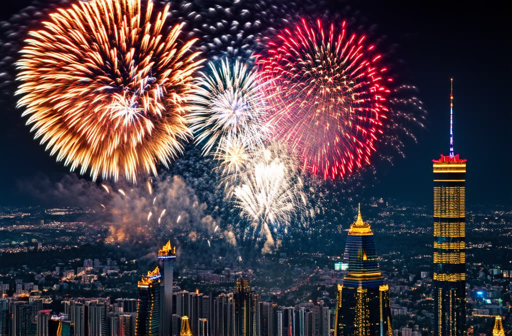  chinese new year firework show in big city, aerial view ar 3:2 {prompt}, maximum details